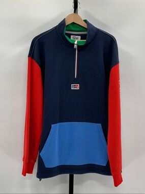 Tommy Hilfiger Navy Half-Zip Sweater with Red Sleeves & Blue Pocket